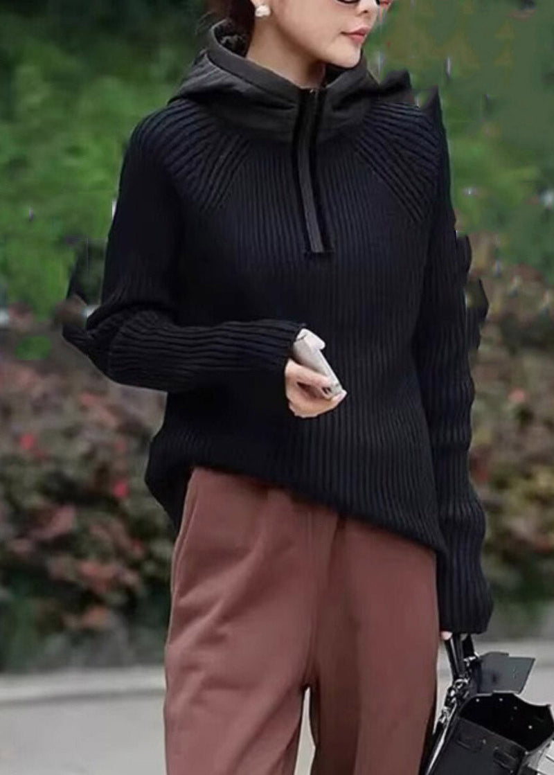 Coffee Zippered Patchwork Hooded Knit Pullover Long Sleeve