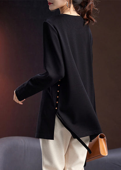 French Black O-neck Side Open Zircon Tops Long Sleeve