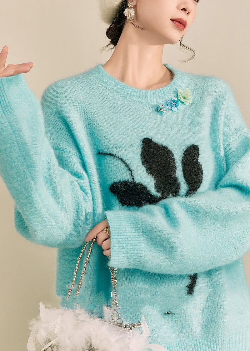 Blue Print Patchwork Thick Cotton Knit Sweater Long Sleeve Fall