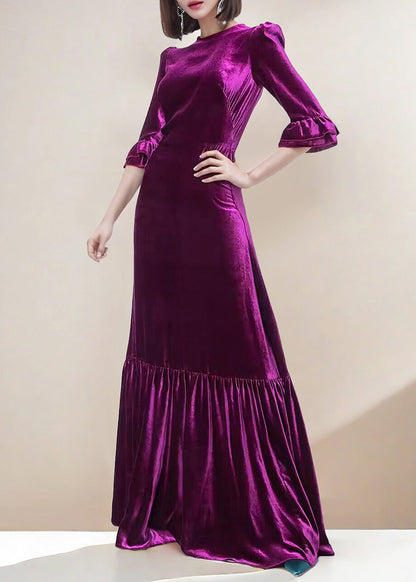 French Purple O Neck Ruffled Patchwork Silk Velour Long Dresses Spring