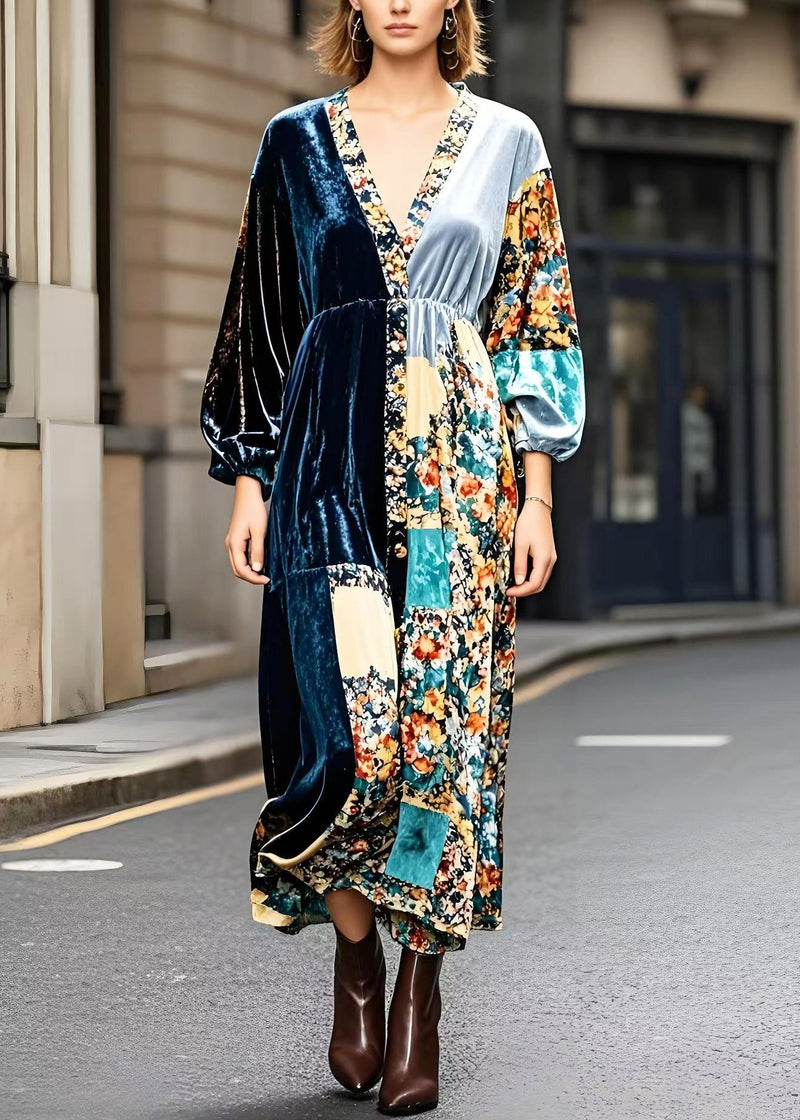 Peacock Blue V Neck Patchwork Print Silk Velour Ankle Dress Fall