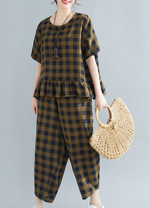 Loose Army Green O-neck Ruffles Plaid Two Pieces Set Short Sleeve