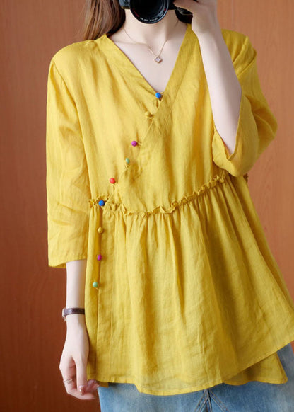 Yellow V Neck Button Fall Blouses Half Sleeve