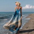 Vintage Marble Texture Collection Retro Bohemia Women Style Gradient Gilded Pattern Linen Maxi Dress artswardrobe
