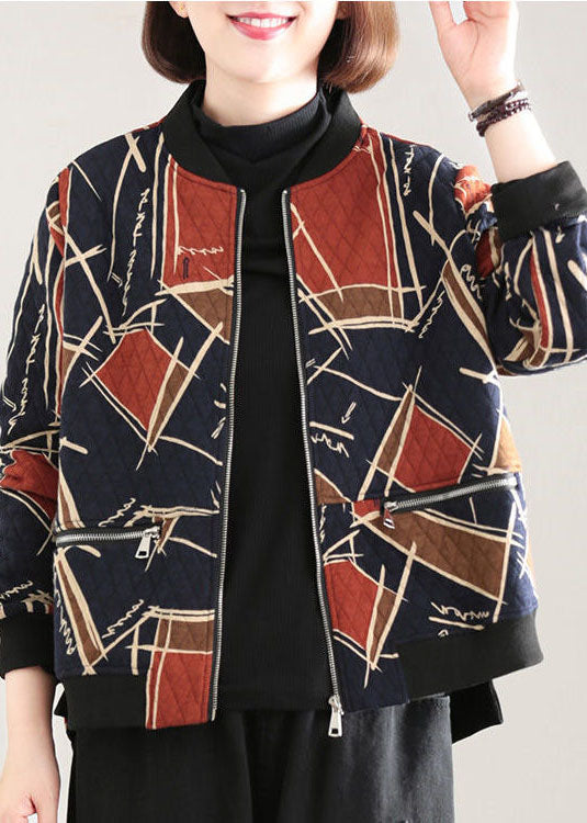 Red Stand Collar Pockets Print Fine Cotton Filled Witner Coat