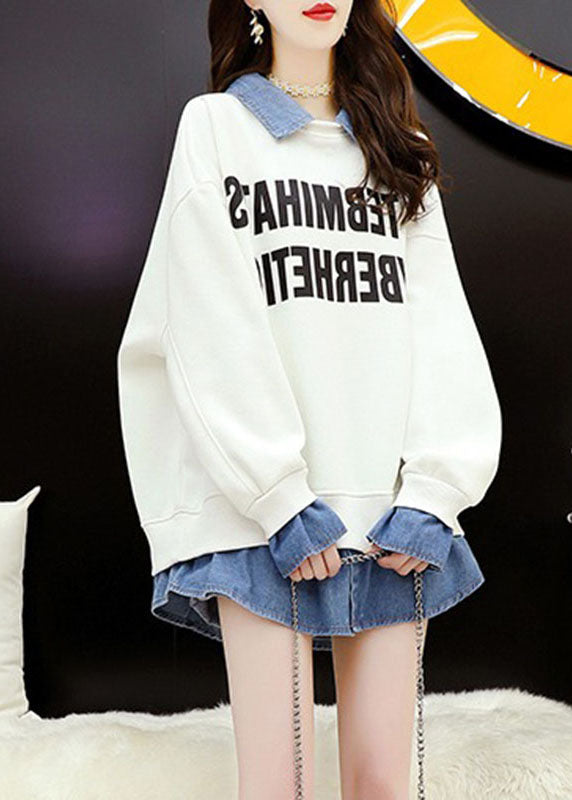 White Peter Pan Collar Patchwork Fake Two Pieces Fleece Sweatshirt Fall