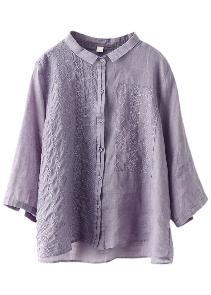 Natural Purple Peterpan Collar Button Embroideried Fall Top Long Sleeve