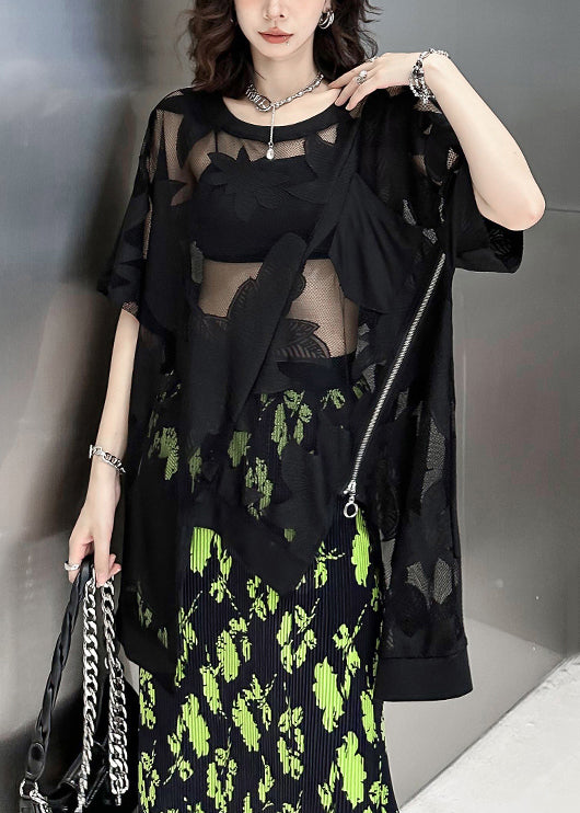 Black Asymmetrical Embroideried Patchwork Lace T Shirt Summer
