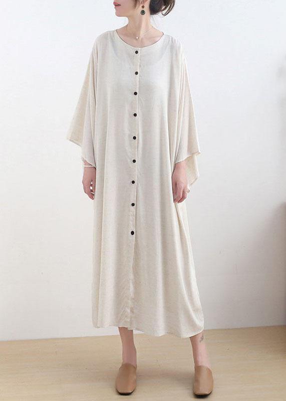 Beige O-neck Button Maxi Dresses Fall Cotton Dress