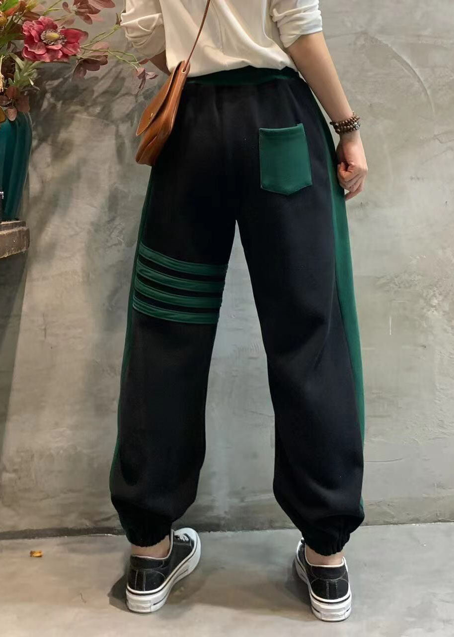 Boutique Black Elastic Waist Tie Waist Pockets Patchwork Beam Pants Spring