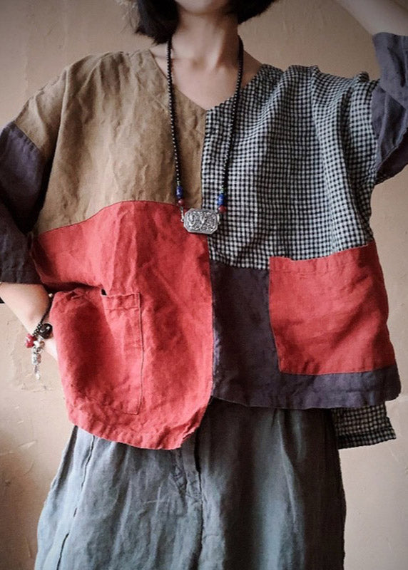 V Neck Pockets Asymmetrical Patchwork Pockets Linen Tops Long Sleeve
