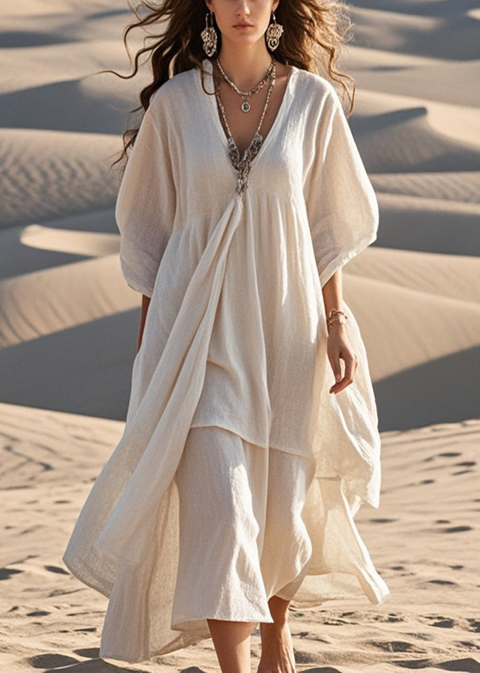 White Cotton Maxi Dresses Asymmetrical Bracelet Sleeve Summer