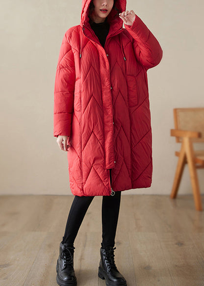 Red Zip Up Hooded Pockets Fine Cotton Filled Witner Coat