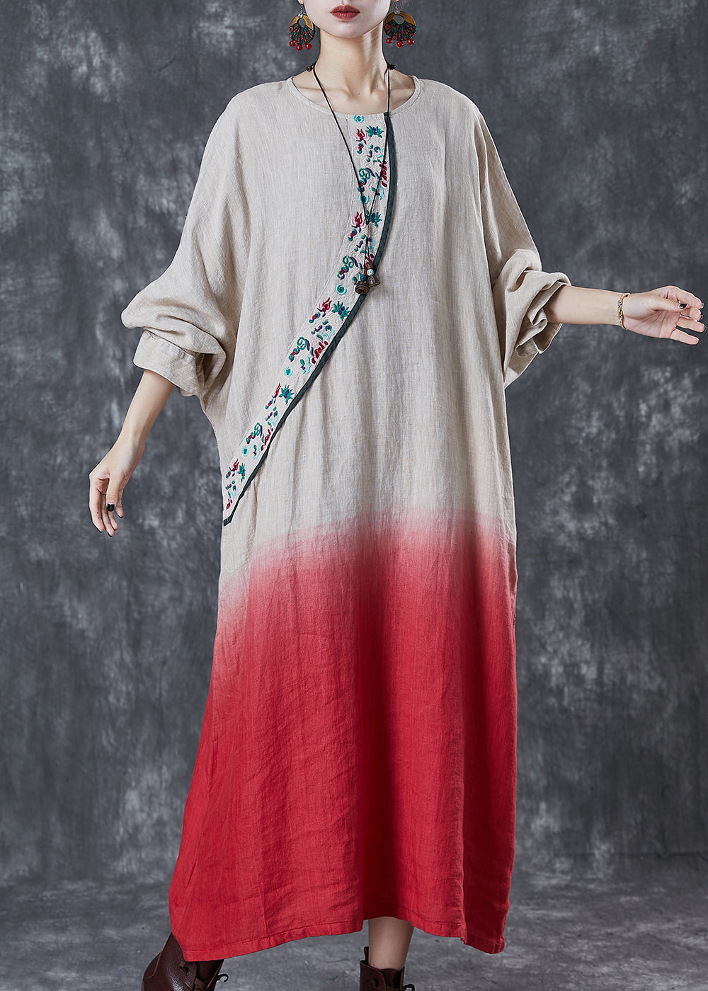 Gradient Color Embroidered Linen Ankle Dress Spring