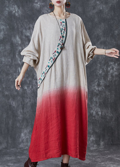 Gradient Color Embroidered Linen Ankle Dress Spring