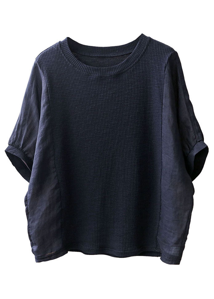 Navy Color O-neck Knit Patchwork Linen Shirt Short Sleeve