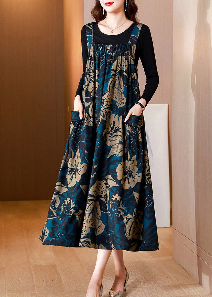 Blue Slash Veck Print Top and Slip Dress Two Piece Set Summer