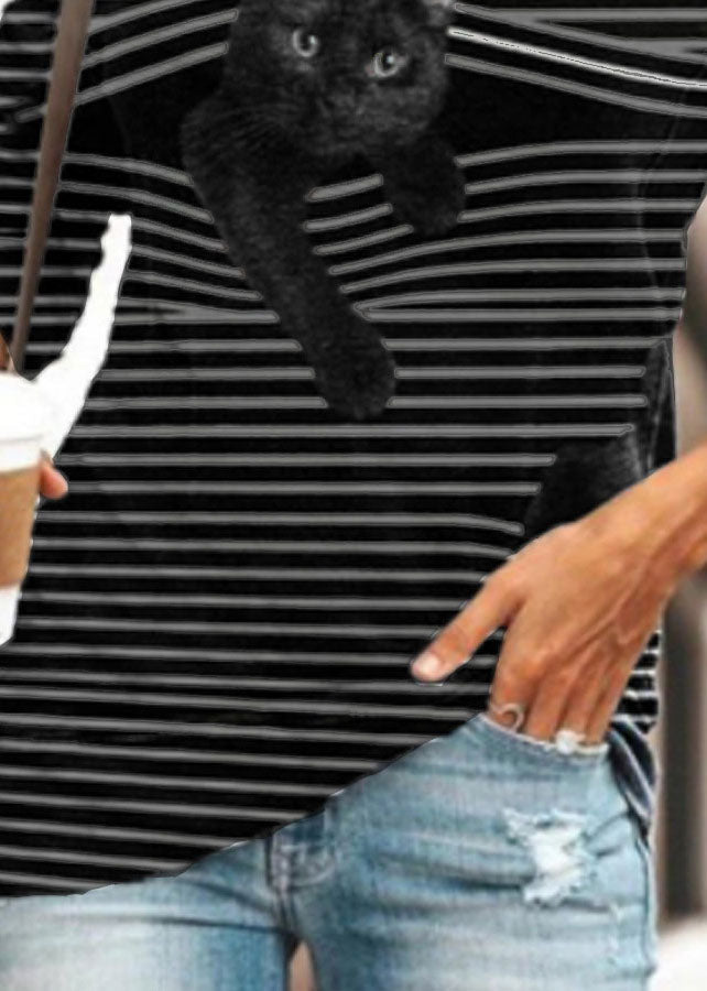 Black Whiet Striped Cat Print O-neck Long Sleeve T-shirts