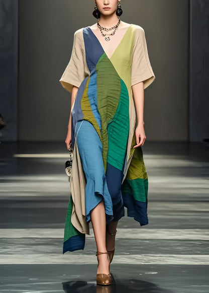 Colorblock Asymmetrical Design Wrinkled Cotton Dresses Summer