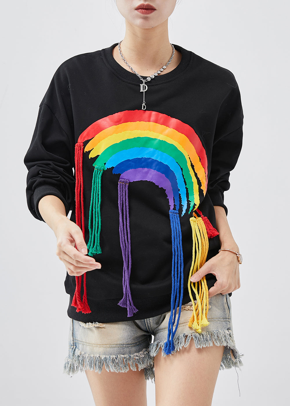 Diy Black Tasseled Rainbow Cotton Sweatshirt Tops Spring