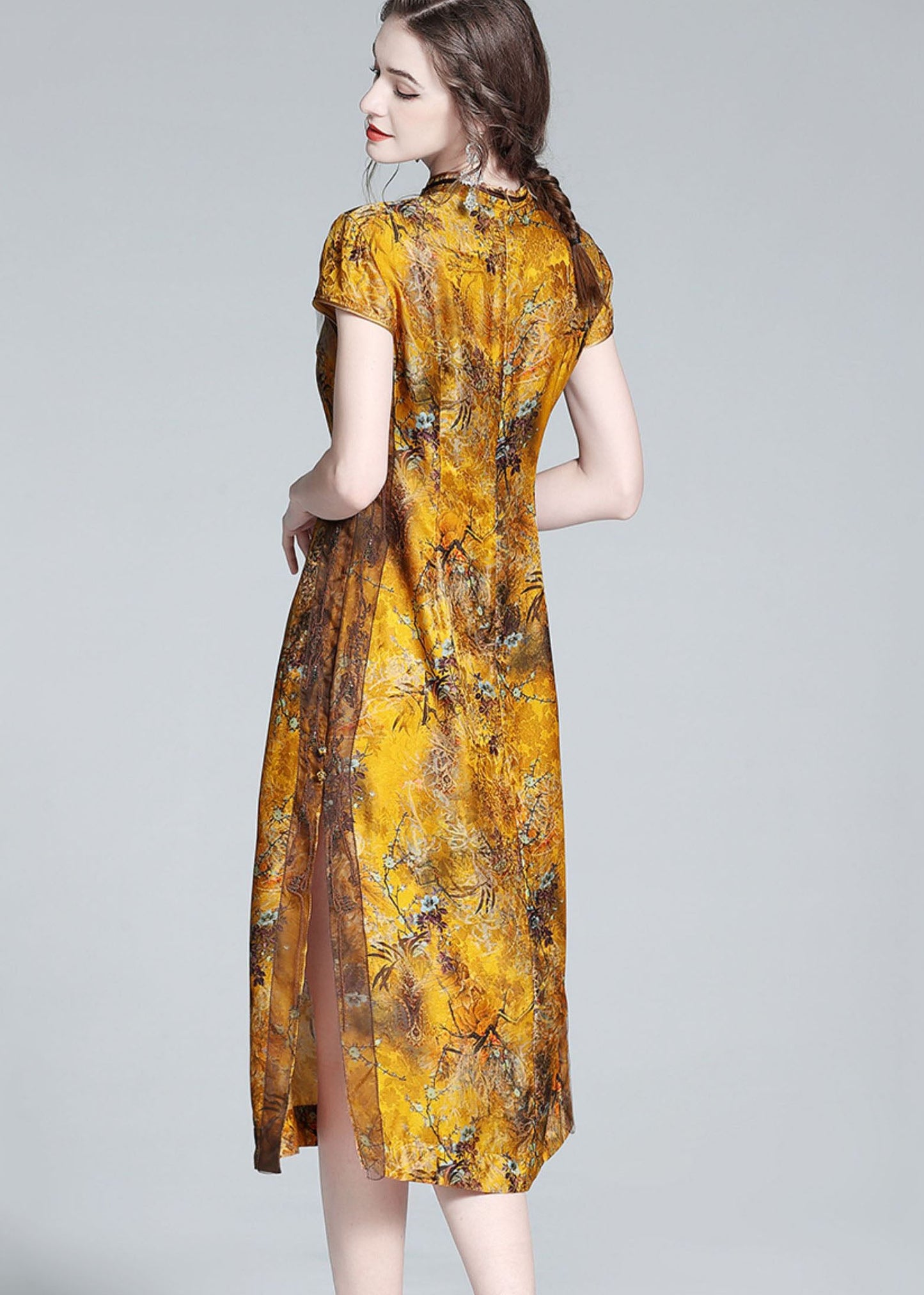 Yellow Stand Collar Patchwork Side Open Silk Dress Summer