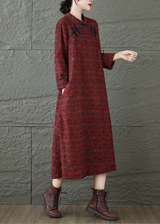 Red Stand Collar Print Oriental Button Cotton Dress Fall