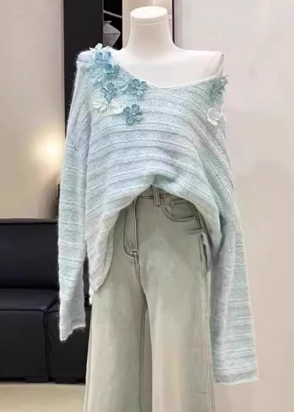 New Light Blue Cold Shoulder Knit Sweaters Winter