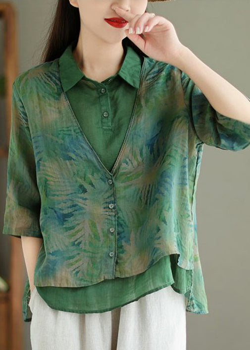 Green Print False Two Pieces Linen Shirt Half Sleeve