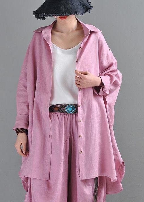 Fitted Pink Purple Side Open Cotton Linen Summer Blouse Top
