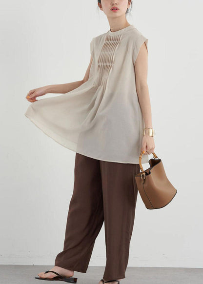 Apricot Slim Fit Pleated Cotton Long Shirt Sleeveless