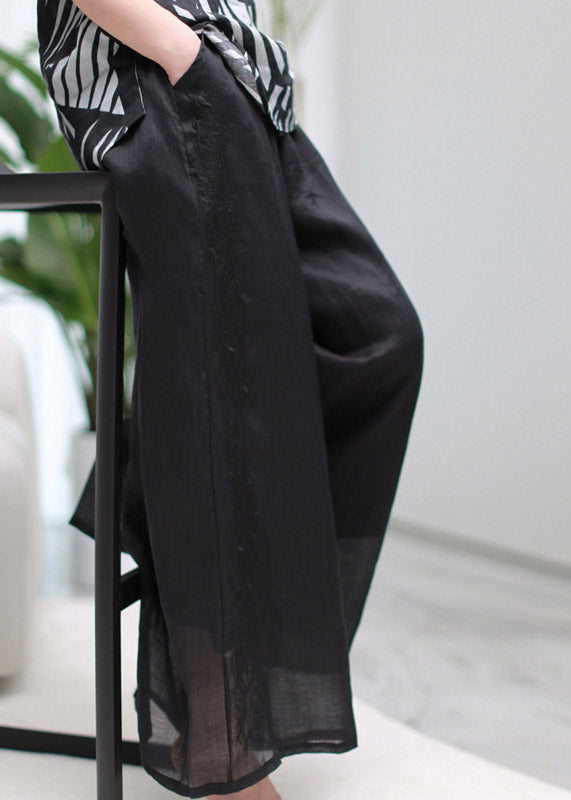 Modern Black Pockets Embroideried Elastic Waist Linen Wide Leg Pants Summer