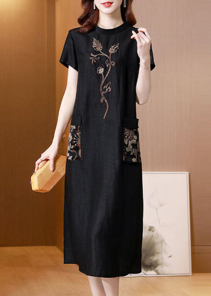 Black Stand Collar Embroideried Pockets Silk Dresses Summer
