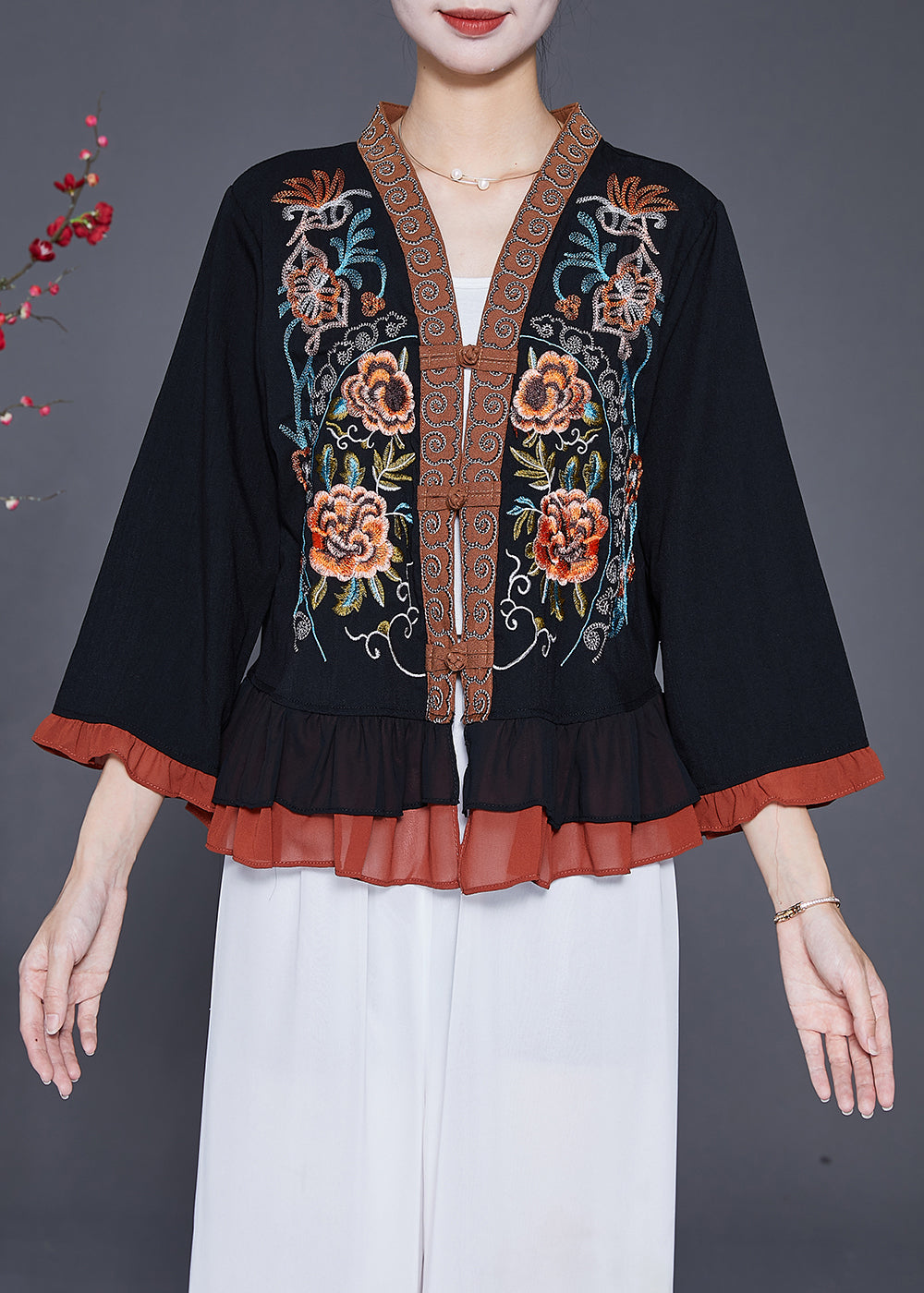 Black Embroideried Patchwork Ruffles Blouses Fall