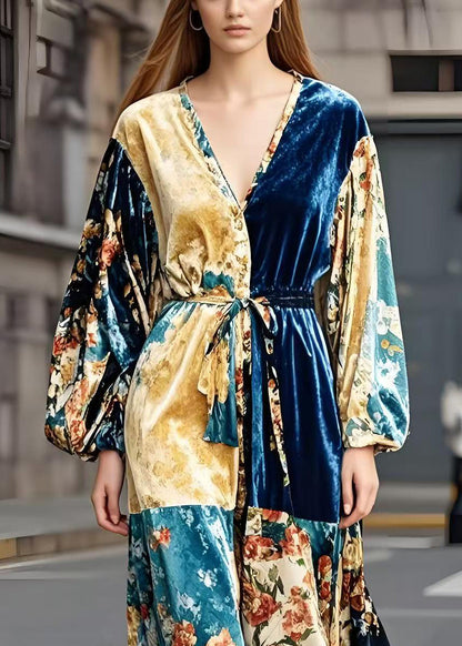 French Colorblock Tie Waist Patchwork Silk Velour Vacation Dresses Spring
