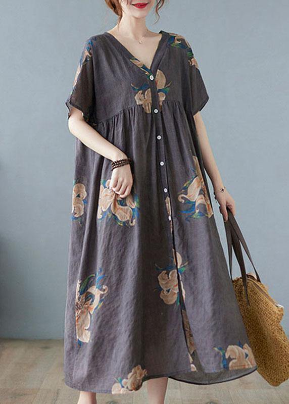 Black Flower Retro Button Summer Print Half Sleeve Maxi Dress