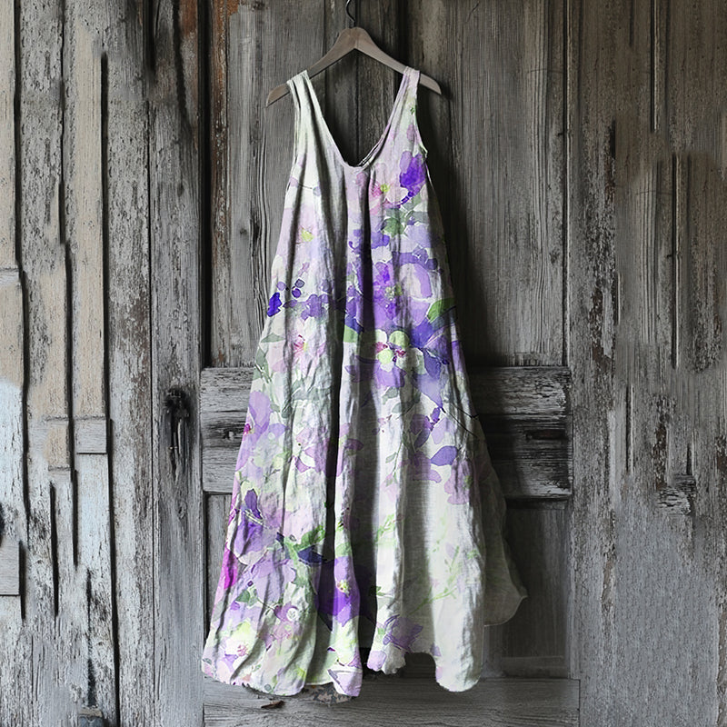 Comstylish Vintage Violet Floral Art Linen Tank Dress