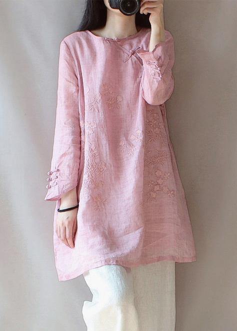 Classy O Neck Chinese Button Clothes for Shape Pink Embroidery Shirt