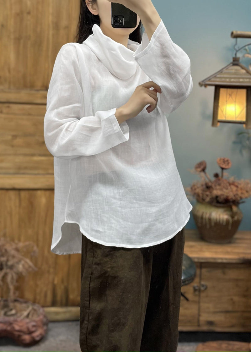 Loose Coffee Turtle Neck Linen Top Long Sleeve