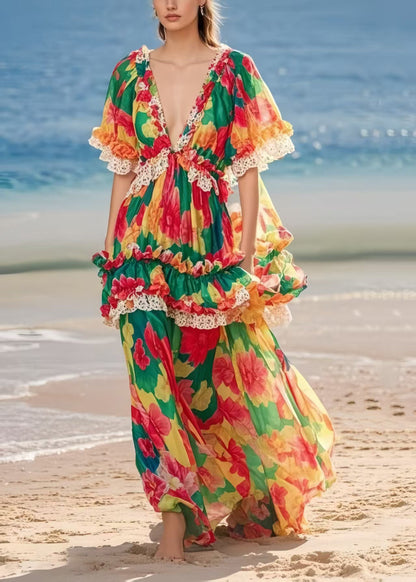 Ruffled Print Chiffon Beach Dresses Summer