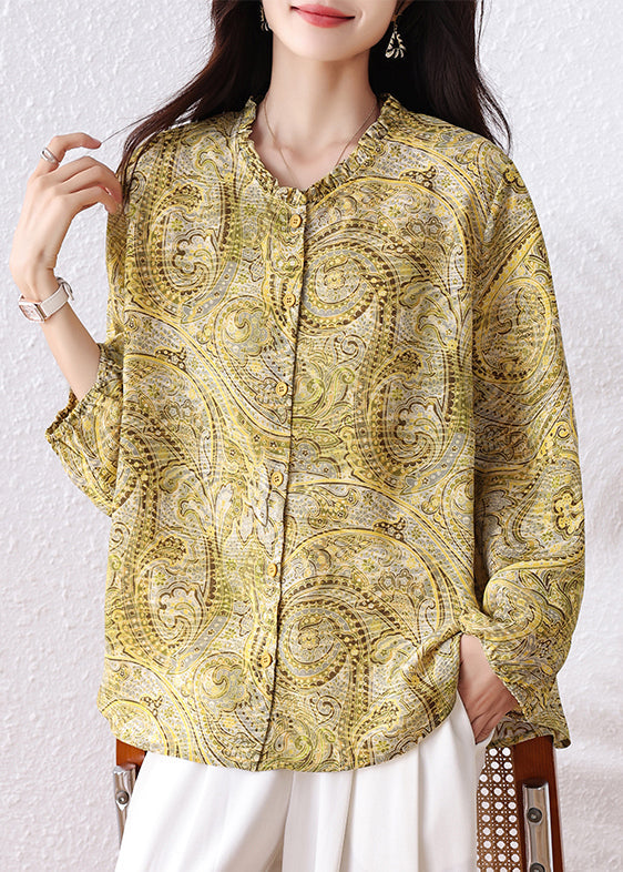 Yellow Ruffled Print Chiffon Shirt Top Fall