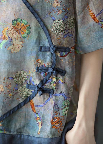 Simple Dark Blue Print Ramie Oriental Summer Tops
