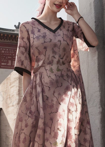 Pink V Neck Print Wrinkled Silk Dress Summer