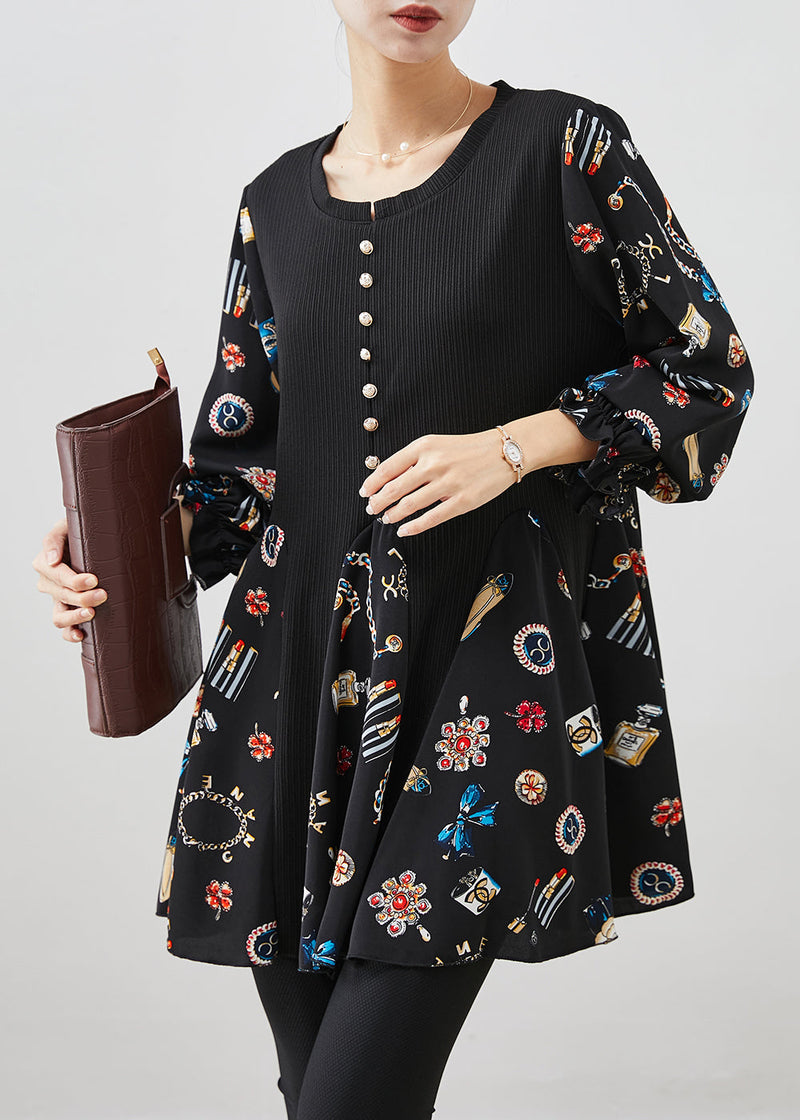 Black Print Patchwork Cotton Mini Dress Fall
