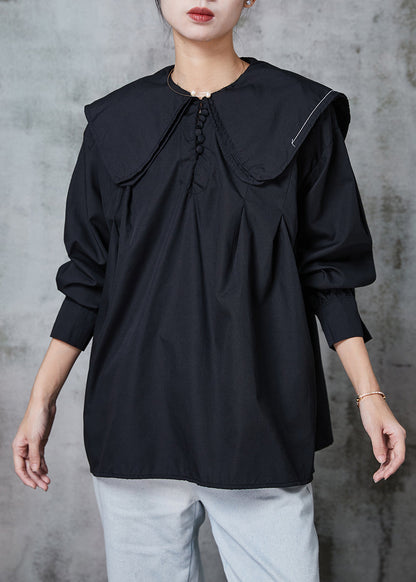 Black Cotton Blouses Double-layer Collar Spring