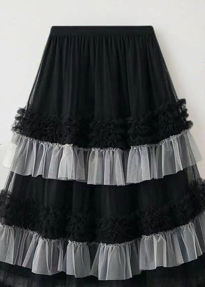 Loose Black Ruffled Elastic Waist Tulle Skirts Summer