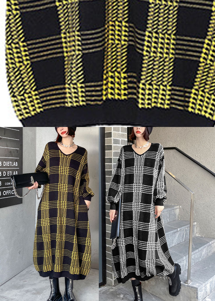 White Plaid Fall Knitted Dress