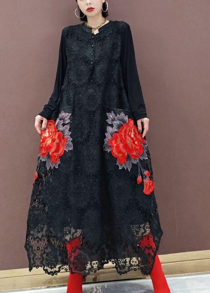 Black O-neck Lace Print Dress Fall