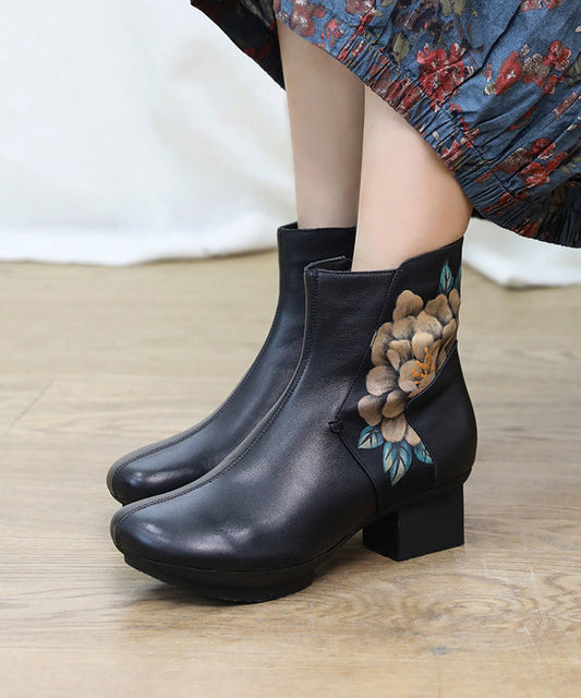Black Boots Chunky Cowhide Leather Hand Drawn