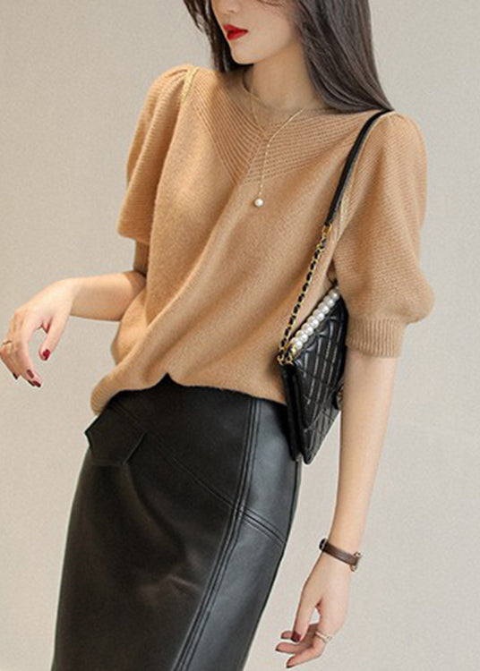 White O-neck Hollow Out Wool Sweaters Puff Sleeve