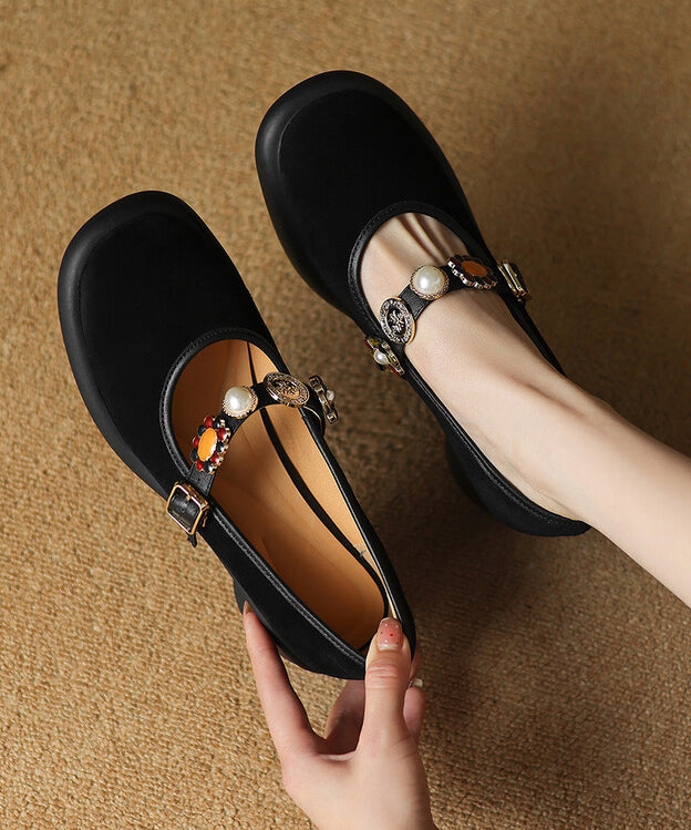 Comfortable Splicing Chunky Heel Black Suede Buckle Strap